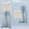 2026 Nuevo Estilo Niña Estilo Coreano Estilo Escolar Sudadera Estilo Simple Casual Dulce Lazo Jeans Conjunto de Dos Piezas