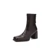 Botines negros, cortos, de punta cuadrada, con tacón grueso y cremalleras laterales, perfectos para otoño e invierno, versátiles y estilizan, botas de moda de tacón alto