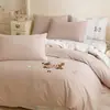 Conjunto de Quatro Peças em Algodão Longo Desenho Animado Ursinho Fofo Bordado Capa de Edredom Estilo Quatro Estações Cama 1,5m 1,8m