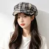 Boina Cuadros Negra Retro Japonesa para Mujer, Sombrero de Primavera y Verano para Cabeza Grande, Sombrero Octogonal de Ala Suave, Gorra de Repartidor, Boina de Pintor