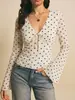 Top de Malla Retro con Lunares Transfronterizo de Manga Larga para Mujer, Cuello en V Profundo, Cierre de Lazo al Frente, Mangas Acampanadas, Top de Gasa Ajustado