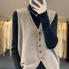 Chaleco de punto cuello en V color liso hebilla sin mangas apilado suelto casual para commuting otoño e invierno 100% lana chaleco de mujer