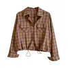 Camisa de cuadros corta con cordón para mujeres petite, nueva chaqueta top versátil de manga larga retro coreana de otoño de corte holgado