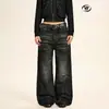 Calças Jeans Retas Casuais de Perna Larga Yongfang Estilo Retrô Americano Preto para Homens e Mulheres, Loose High Street Cleanfit