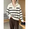 OEM2026 Otoño/Invierno Nuevo Jersey de Punto a Rayas de Talla Grande con Media Cremallera y Cuello de Solapa para Mujer, Tejido Holgado y Adelgazante