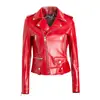 Chaqueta de cuero roja estilo europeo y americano para mujer, tipo biker, con cuello de solapa y múltiples cremalleras, chaqueta corta de cuero, prenda exterior versátil