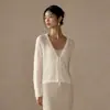 Elegante Cárdigan de Punto Jacquard Hueco Francés de Seda y Cachemira, Top de Lana con Cuello en V y Cinturón de Corbata Estilo Vintage