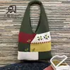 Bolsa Tecida Feminina com Costura Colorida Bolsa de Mão/Ombro Crochê à Mão de Lã Estilo Mori Bolsa de Compras Tricotada Bordada à Mão