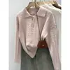 Suéter Rosa Torcido com Lapela e Gola Polo de Malha de Manga Longa para Mulheres Camada Interna Camada Base Top Único para o Início do Outono