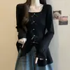 Camiseta Longa com Manga Longa, Gola Quadrada e Fenda, Tamanho Plus Size para Mulheres, Novo Estilo Primavera e Outono 2025, Caimento Solto, Emagrecimento, com Laço, Top Único