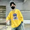 Camiseta casual de algodão puro com manga longa estilo coreano para meninos, com estampa de desenho animado, top infantil confortável para primavera e outono