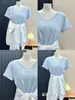 Camiseta de menta con escote ancho y hombros descubiertos para mujer, top casual de verano suelto de algodón con estampado de copo de nieve, manga corta con caída
