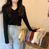 Entrega en una sola pieza top azul niebla cuello en V mujer primavera/otoño/invierno top adelgazante estilo perezoso camisa básica de punto