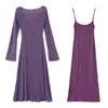 Vestido de encaje tejido sexy para mujer 2026 otoño e invierno conjunto de vestido con cubre-vestido de manga larga y vestido largo de tul con tirante morado