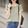 2026 Verano Estilo Coreano Retro Rayas Cuello Polo Tejido Manga Corta Mujer Holgado Adelgazante Relajado Top Camiseta