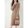 Nuevo Vestido de Punto de Lana Pura de Manga Larga con Cuello Redondo para Mujer, Vestido Base de Suéter de Cachemira de Longitud Media que Ceñe la Cintura para Otoño e Invierno