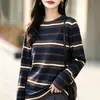 Suéter de punto de algodón puro para mujer, con cuello redondo, bloques de color, multirayas, de manga larga, corte holgado, adecuado para primavera y otoño, cómodo contra la piel, ideal para usar en capas.