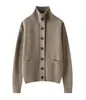 Cardigan Tricotado Gola Alta Canelado Espesso 100% Lã 2026 Outono/Inverno Novo Peça de Roupa Externa Cor Sólida Solto Bolso Duplo