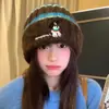 Gorro de Lana a Rayas Estilo Coreano para Mujer Otoño/Invierno Tejido Adelgazante para la Cara Circunferencia de Cabeza Grande Cálido y Versátil Bordado de Perro Pequeño