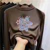 Camada interna quente para crianças, segunda pele com forro de fleece, top estiloso de outono e inverno para meninas, tecido escovado, camiseta de manga comprida, gola meio alta, design moderno