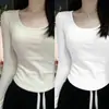 Camiseta de Fleece Espesso com Gola Quadrada e Manga Longa para Outono e Inverno do TikTok para Mulheres, Tamanho Grande, Modelagem Slim, Quente, Versátil, Camada Base