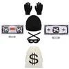 Halloween Thief terno Manga Comprida Listrado T-Shirt Lona Saco Luvas Eye Patch Knitted Chapéu cosplay Costume