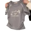 Camiseta Raglan Manga Curta Bordada com Laço de Renda Estilo Verão 2026 para Mulheres, Estilo Preppy Ajuste Slim Top Tendência