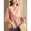 284 Camisa Chinesa de Manga Três Quartos para Mulheres, Novo Modelo de Verão, Bordada, Gola Diagonal Estilo Chinês Novo com Fechamento de Botão, Top de Ráfia