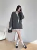 Nueva colección de invierno estilo coreano: cuello simple, borde de encaje, suéter de punto patchwork, talla grande, longitud media, blanco, talla única