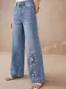 Calça jeans de perna larga bordada com flores, cintura média, europeia e americana, de lavagem clara, jeans solto bordado com flores
