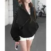 Sudadera con capucha y cremallera de estilo coreano ins, versátil americana, retazos, tachuelas, chaqueta casual holgada para mujer 17304
