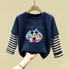 Camiseta de Algodão Puro Manga Longa Infantil Média/Grande Primavera e Outono Nova Blusa Solta para Meninas Estampada Desenho Animado de Menina Camada de Base Tendência