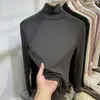 Camiseta de manga larga de terciopelo suave y fina con cuello alto europeo para mujer, nueva de otoño e invierno, color liso, top base de modal