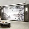 Papel de Parede Mural para Fundo de TV Pintura de Paisagem Estilo Chinês Novo Calmo e Distante Sala de Chá Sala de Estar Sofá Lobby de Hotel Revestimento de Parede