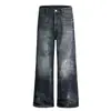Jeans Retrô Americano Lavado Azul-Cinza Escuro Micro-Flare para Homens e Mulheres Calças Longas Retas Padrão Pele de Coelho Azul-Cinza Tingido