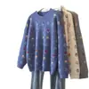Suéter pullover jacquard redondo fresco estilo coreano para mulheres, nova coleção outono e inverno, solto, macio, tricô floral doce