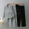 Traje de Moda con Cuello Polo Transfronterizo para Mujer Otoño e Invierno Nuevo Suéter con Cinturón Cárdigan Top Pantalones de Pierna Ancha de Cintura Alta Conjunto de Dos Piezas