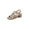 Sandalias de Tacón Grueso para Mujer 2024 Verano Nuevo Estilo Piel de Oveja Tacón Medio Punta Abierta Correa Tejida Romanas Vintage Sandalias para Mujer