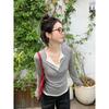 Otoño 2024 Nuevo Slim-fit Adelgazante Moda Contraste Color Cuello en V Camiseta Spice Girls Sexy Puro Manga Larga Moda Top