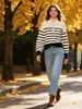 Suéter de Tricô Listrado Feminino com Gola Alta e Zíper Parcial, Casual de Caimento Solto, Pulôver Color Block de Manga Longa, Em Estoque 5536032