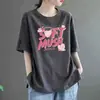 Camiseta feminina rosa de manga curta, modelagem solta, algodão falso, novo estilo verão 2024, plus size, comprimento médio, estilo coreano, gola redonda, top casual