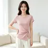 Nueva camiseta de manga corta de color liso, estilo coreano, con torsión y abertura lateral, para mujer, con hombros rectos y escote trasero irregular, efecto adelgazante