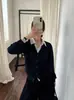 Han Xun Luxo Leve para o Dia a Dia Camada Sem Esforço Cardigã de Tricô com Gola de Camisa Falso Duas Peças para Mulheres Coleção Outono 2026 27459