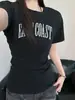 Camiseta Plus Size Retro Americano com Estampa de Letras, Manga Curta de Um Ombro para Mulheres, Top Estilo Picante de Verão Slim Fit