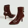 Botines de Punta Aguda Europeos y Americanos al por Mayor para Mujer, Doble Hebilla de Cuero, Tacón de Aguja, Elásticos, Adelgazantes, Botas de Moda de Tacón Alto para Otoño e Invierno