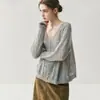 Cárdigan de Cachemir Calado con Cuello en V para Mujer, Chaqueta de Punto de Seda y Cachemir a la Moda, Top Holgado Estilo Perezoso, Suave y Acogedor