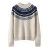 Suéter de cachemira para mujer de cuello medio alto con jacquard Fair Isle, nuevo diseño de invierno, elegante, holgado y cálido