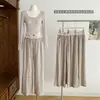 Calça Casual Larga Hanann Diary para Mulheres, Estilo Coreano Emagrecedora com Cordão Calça Esportiva, Calça Longa em Tecido Trançado de Pelo de Coelho Cinza Cáqui