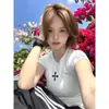 Camiseta de Manga Corta Estilo Americano Picante para Mujer, Verano, Estampado Cruzado, Cuello Redondo, Ajustada, Corta, Alta Elasticidad