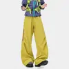 Calça Impermeável Funcional de Paraquedista com Bolsos com Zíper Color-Blocking Amarelo Gengibre, Calça Longa Casual Ampla de Montanha para Homens